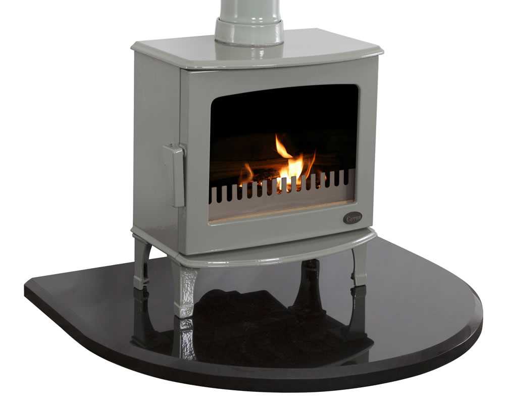 curved stove hearth in absolute black granite with Carron stove