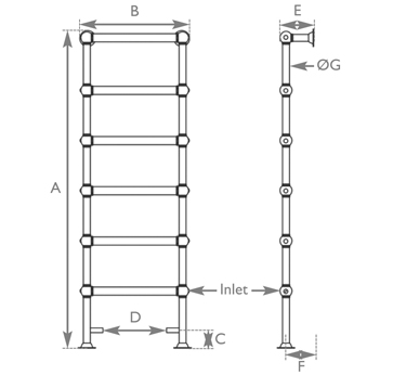 colossus steel towel rail in copper finish measurements