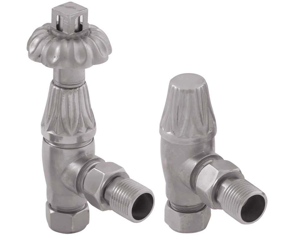 Crocus thermostatic section radiator valve in satin nickel finish close up