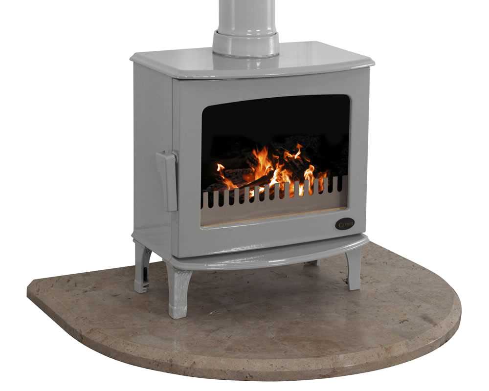travertine curved stove hearth with cast iron stove