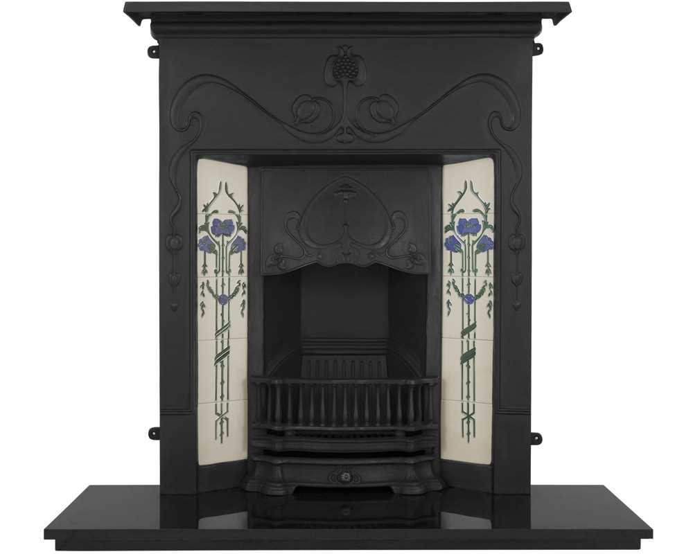 Valentine cast iron combination fireplace with decorative tiles in black