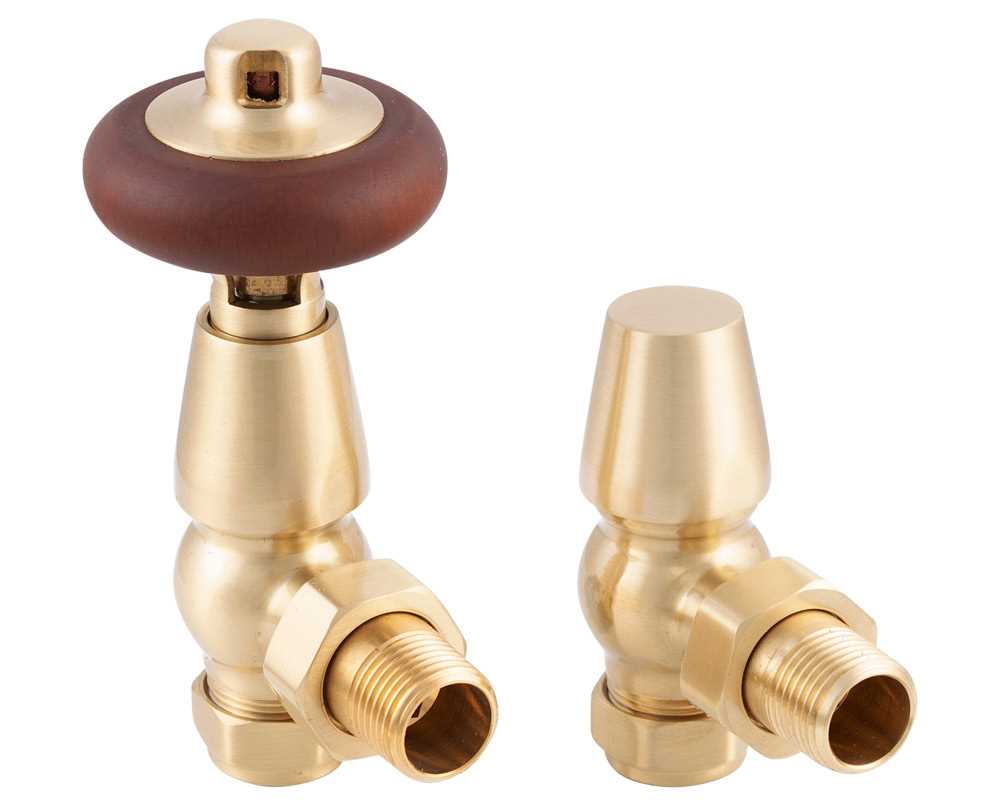 Kingsgrove Angled Thermostatic Radiator Valve in Brushed Brass Lacquered