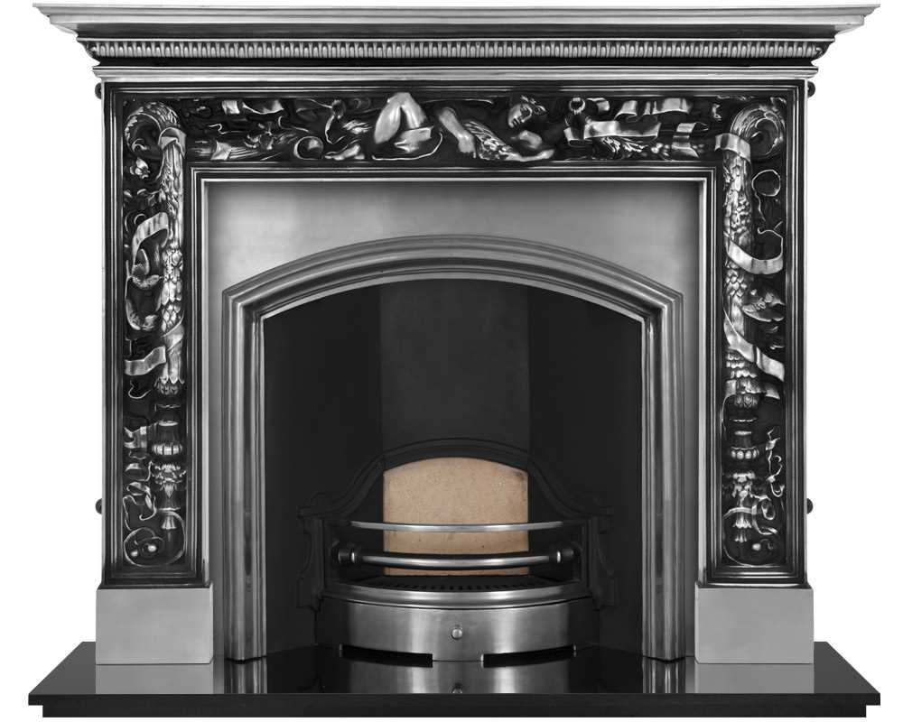 wide London Plate fireplace insert in full polish with cast iron surround