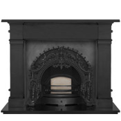 Rococo cast iron fireplace insert in black with cast iron surround