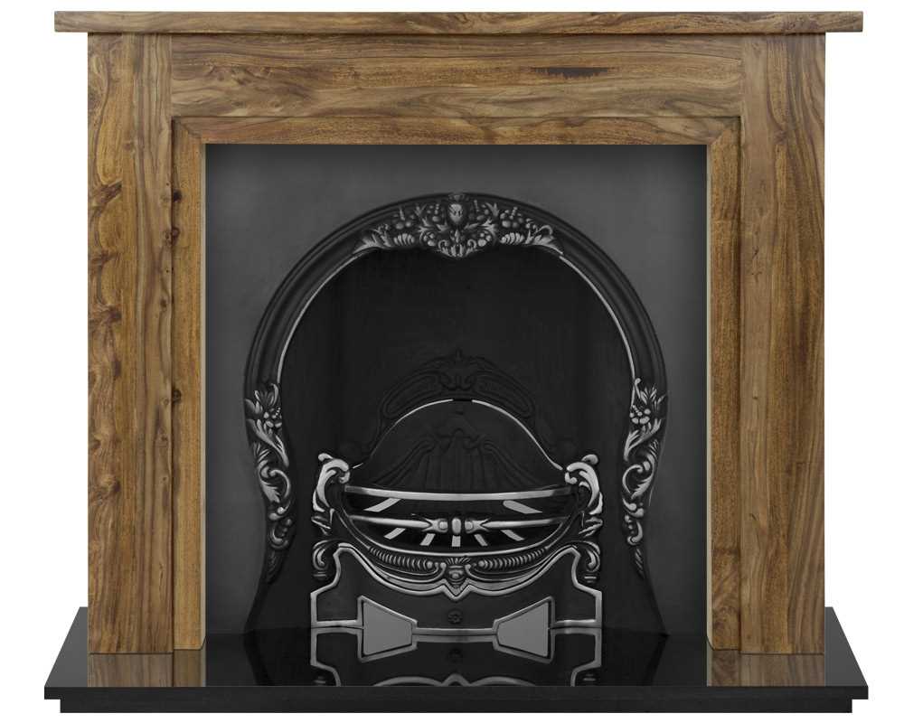 Tiffany fireplace insert in highlight polish with solid wood surround