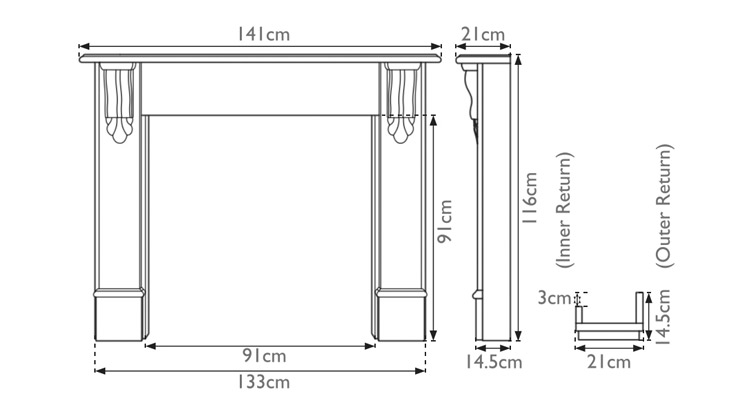 Edinburgh Corbel wooden fire surround measurements