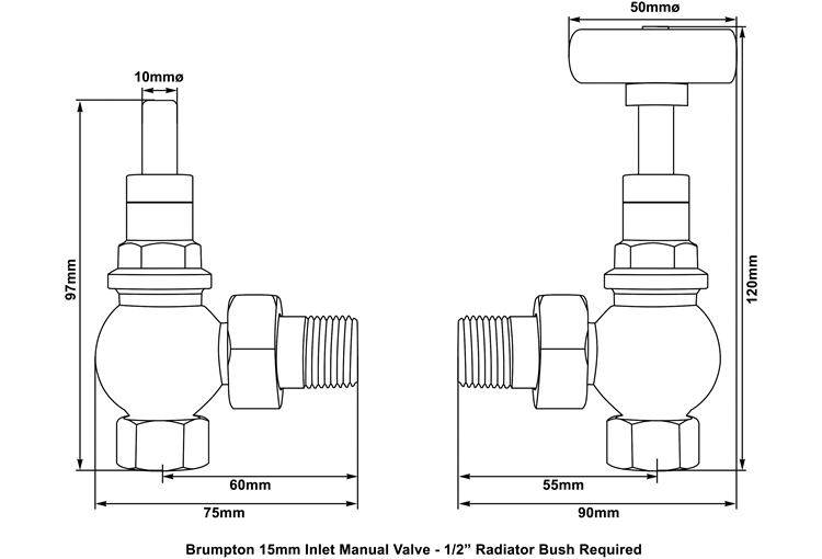 Brumpton manual brass radiator valve measurements