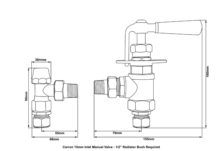 Carron Throttle radiator valve in chrome measurements