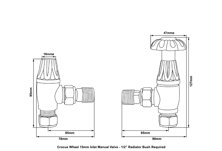 Crocus manual antique brass radiator valve measurements