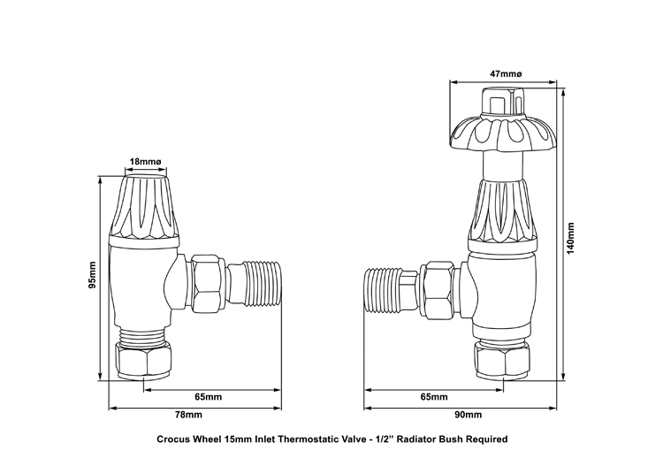 thermostatic radiator valve in chrome measurements