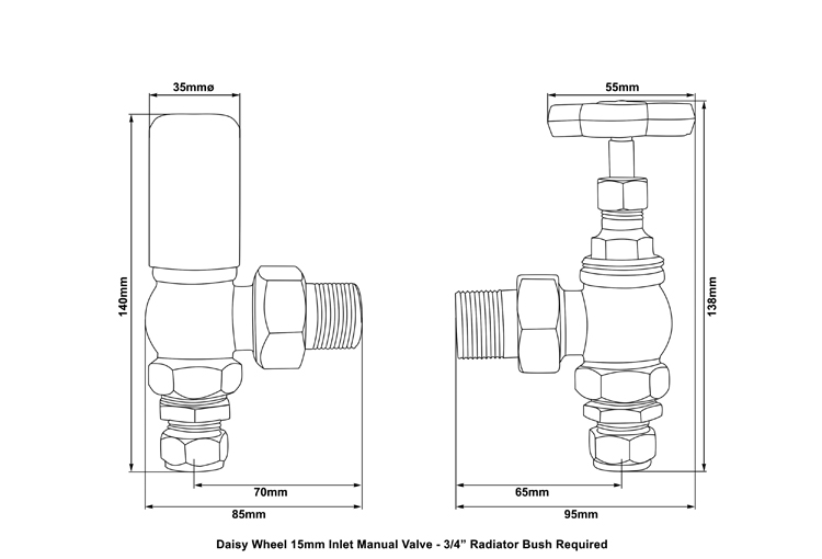 Daisy Wheel manual radiator valve in antique brass measurements