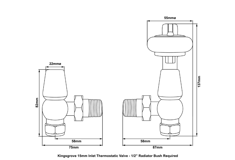 Kingsgrove thermostatic radiator valve in brass measurements