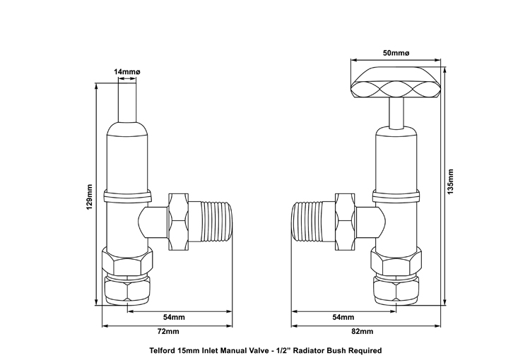 Telford manual satin nickel radiator valve measurements