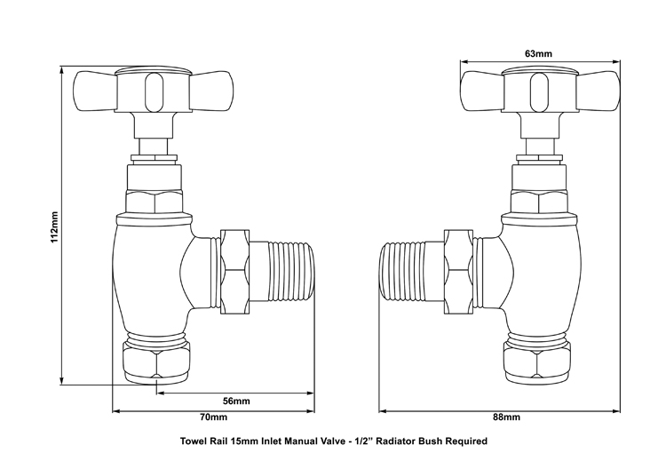 towel rail manual valve set copper measurements