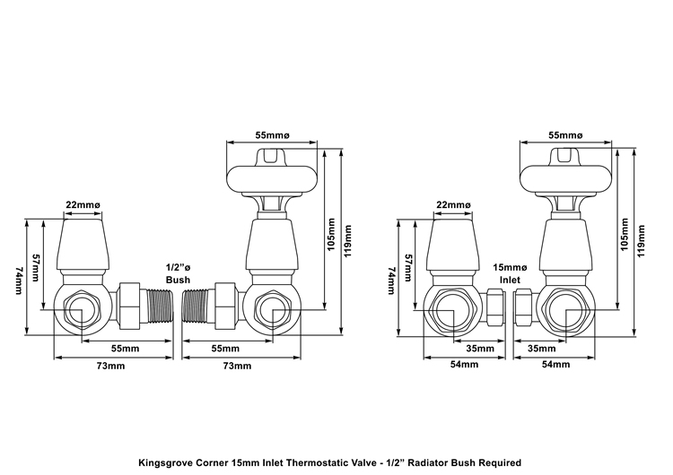 Kingsgrove Corner Thermostatic Radiator Valve in Brass Lacquered Measurements