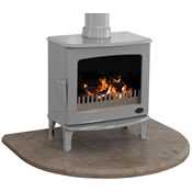 travertine curved stove hearth with stove
